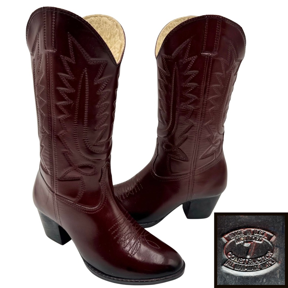 Vintage Western Cowboy Boots Faux Shearling Lined Women 7 Oxblood USA Made Rodeo